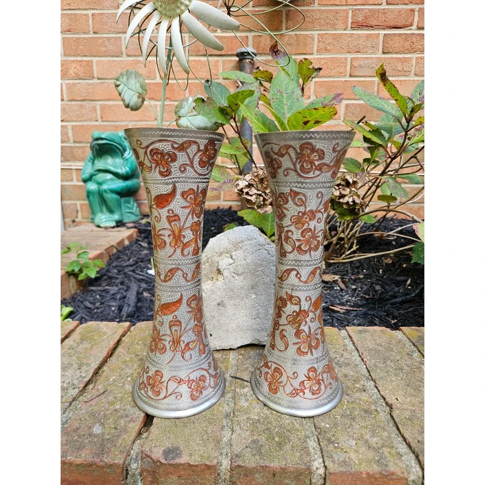 Vtg Pair of Silver-Tone Brass Trumpet Vases with Orange Floral Etchings, 9